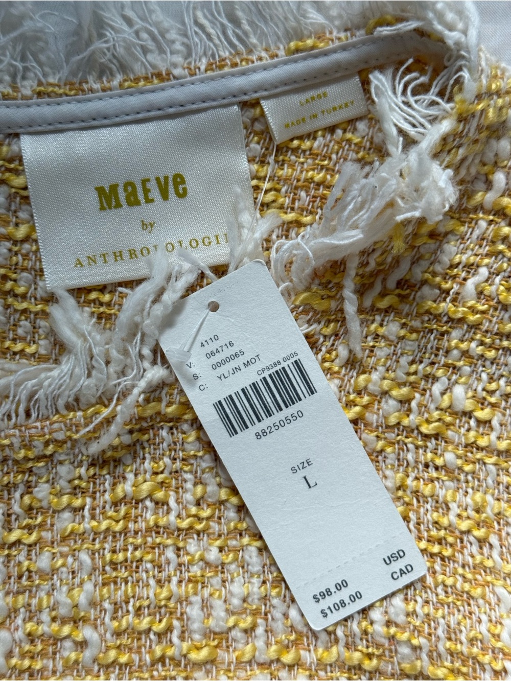 Maeve Anthropologie Tweed Top Yellow Fringe Blouse Size L NWT - Picture 7 of 8